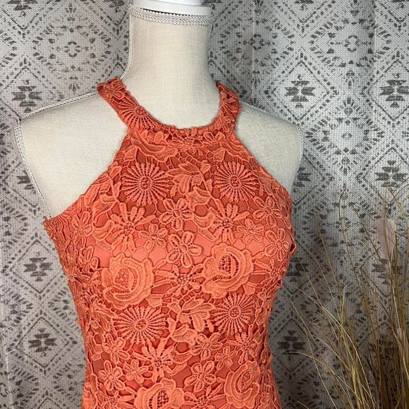 Lulus Orange Crochet Lace Halter Mini Dress Floral Overlay Bodycon Cocktail XS - Picture 2 of 6